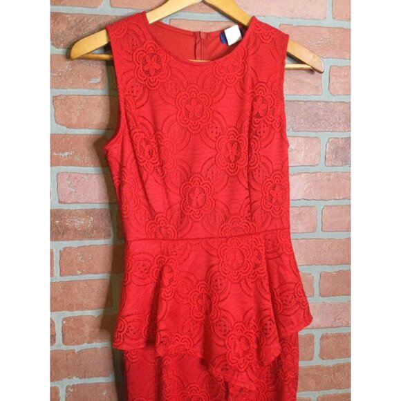 Vintage New Bell Floral Lace Flared-Sleeve Keyhole Shift Mini Dress Red M Peplum - Picture 2 of 9
